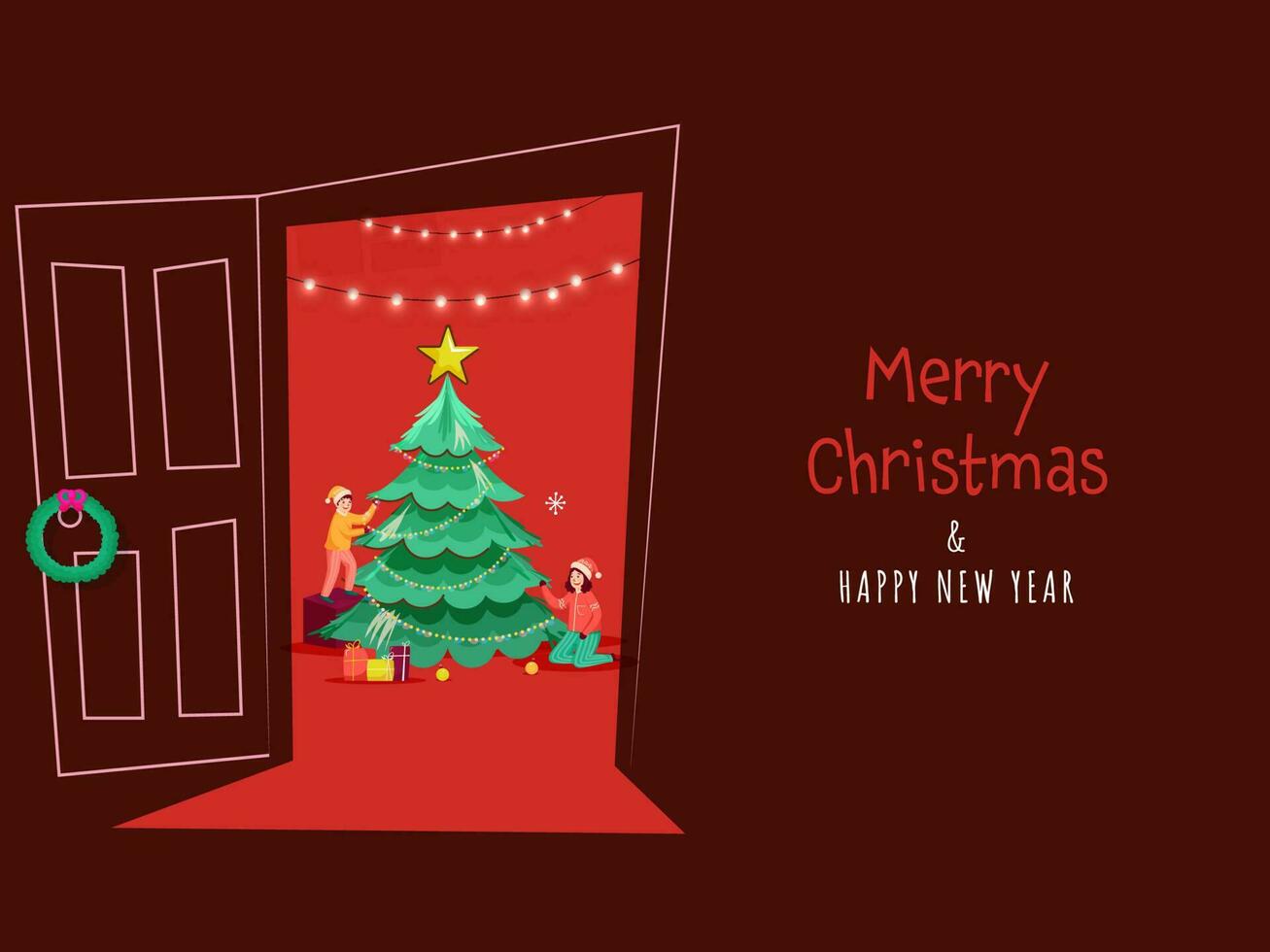 Merry Christmas And New Year Concept With Kids Decorating Xmas Tree In Interior View On Dark Red Background. vector