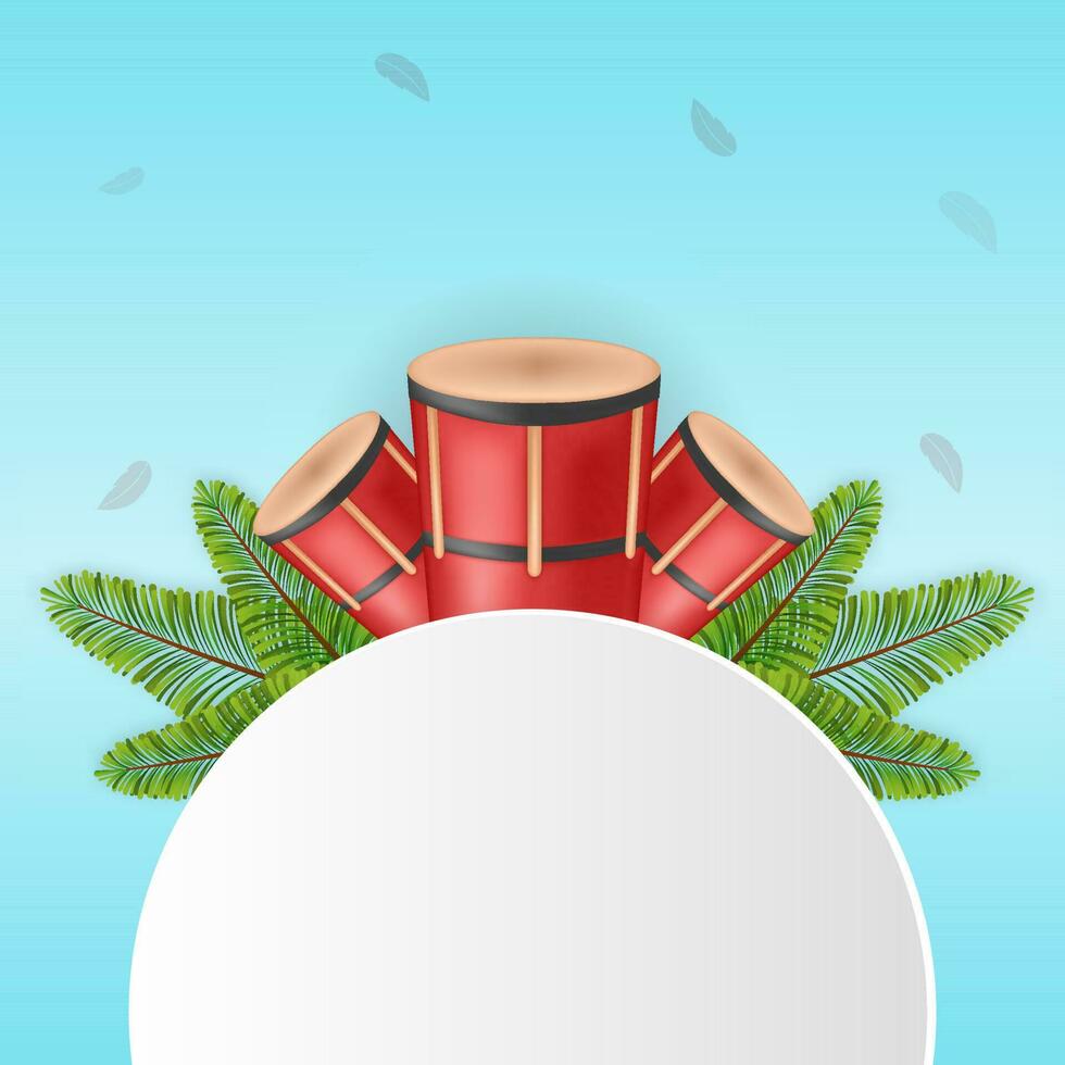 Illustration Of Drum Instruments With Green Fir Leaves And Empty Round Frame Given For Text On Blue Background. vector