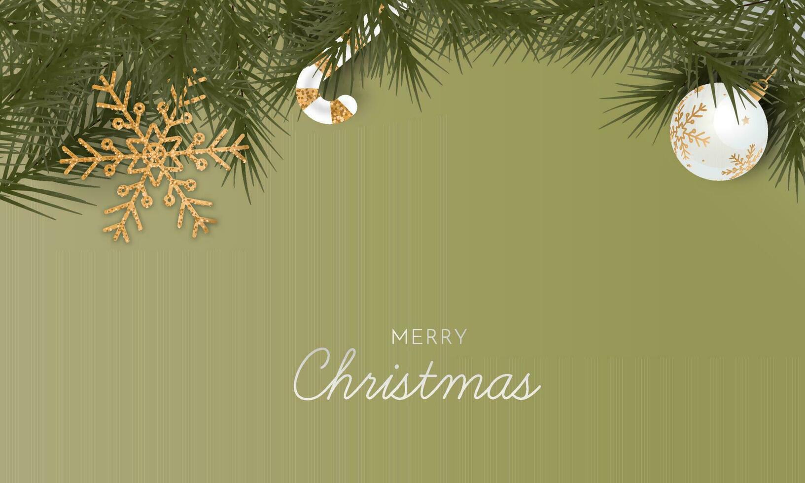 Merry Christmas Banner Design With Top View Of Realistic Bauble, Candy Cane, Golden Snowflake And Fir Leaves On Green Background. vector