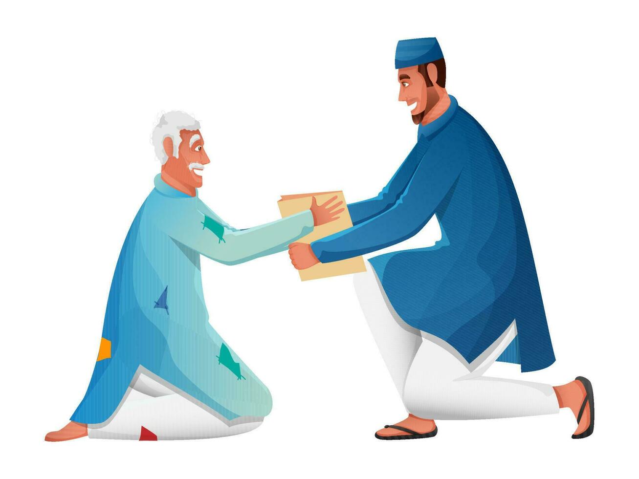 musulmán hombre dando donación a un mendigo en blanco antecedentes. vector