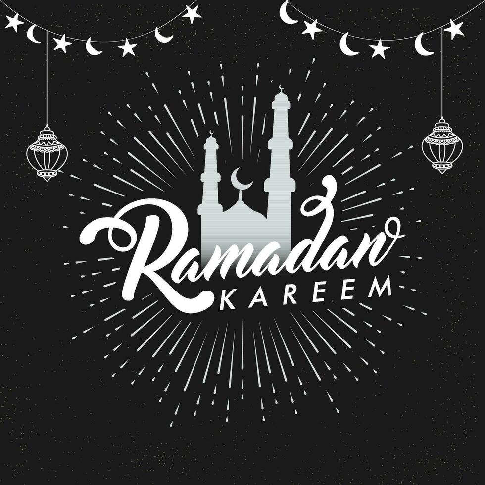 White Ramadan Kareem Font With Rays, Silhouette Mosque, Doodle Lanterns Hang, Crescent Moon, Stars Garland On Black Background. vector