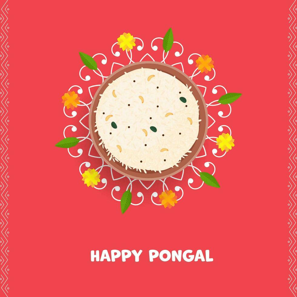 Happy Pongal Concept With Top View Of Traditional Dish In Bowl On Rangoli Red Background. vector