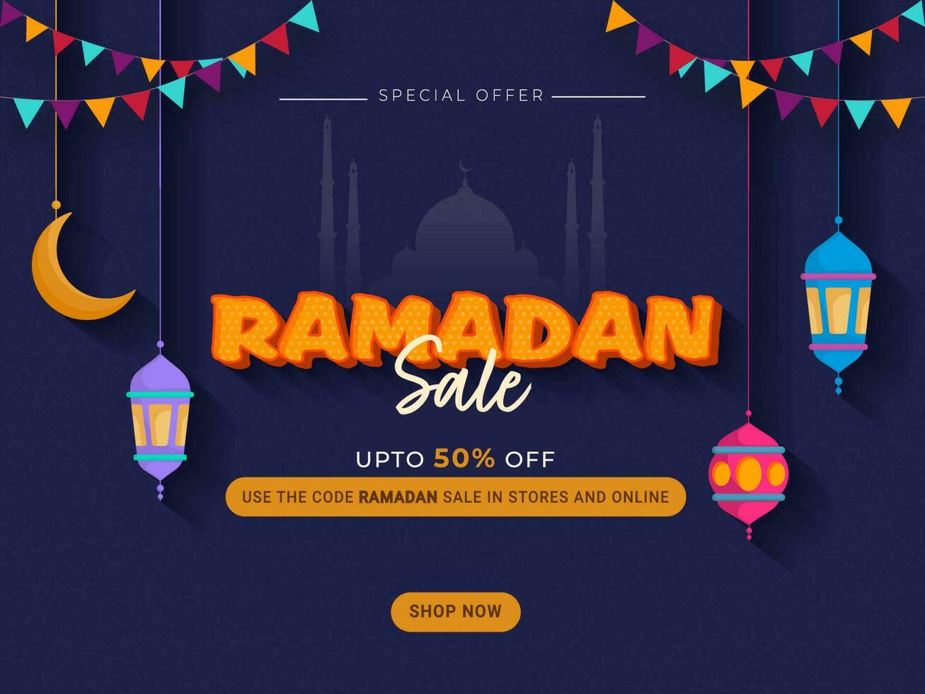 Ramadan Sale Poster Design With Discount Offer, Crescent Moon And Lanterns Hang On Blue Mosque Islamic Pattern Background. vector