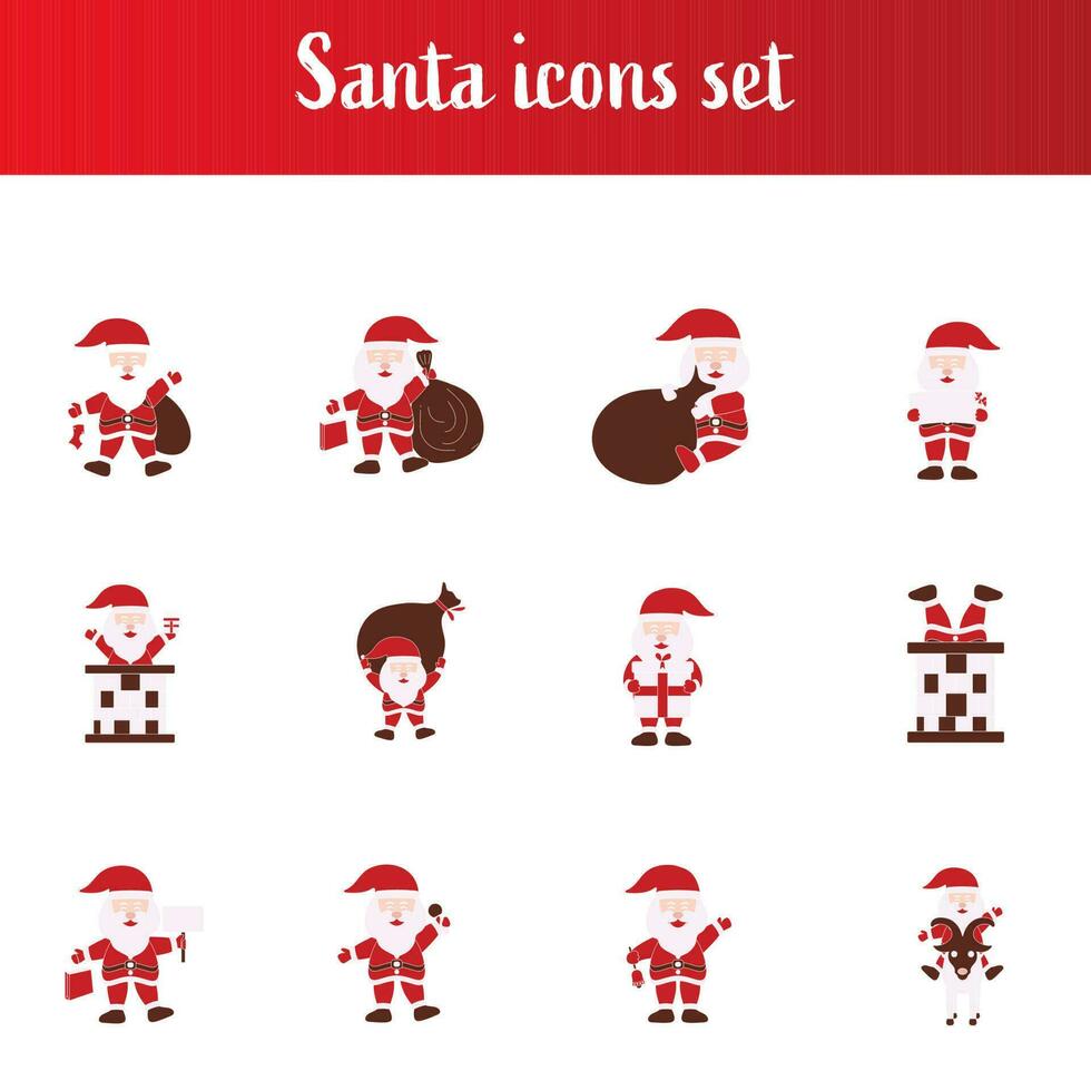 Flat Style Santa Claus Icon Set On White Background. vector