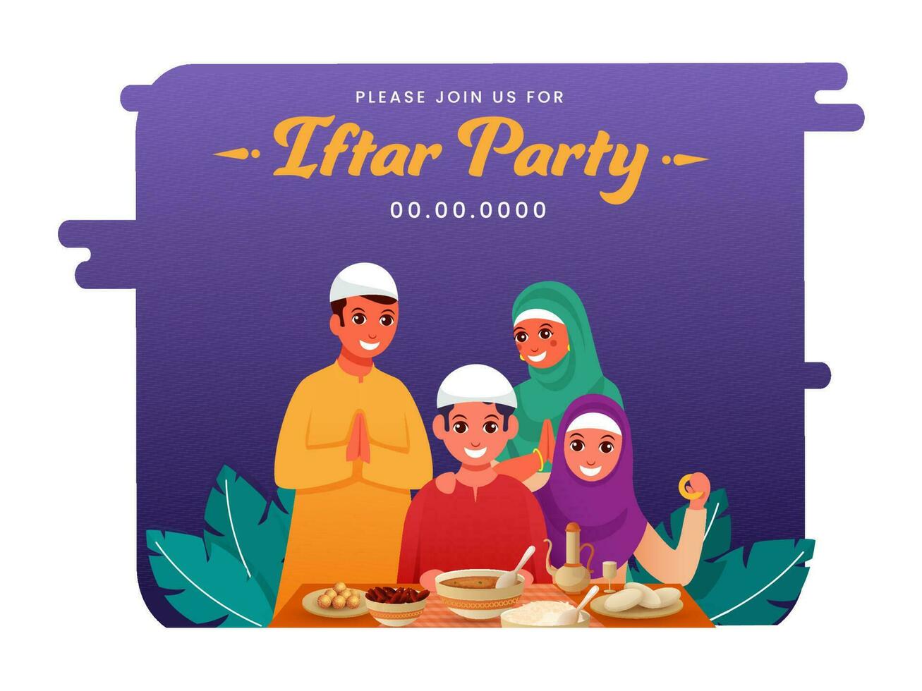 Muslim Family Doing Welcome With Present Delicious Foods On The Occasion Of Iftar Party. vector