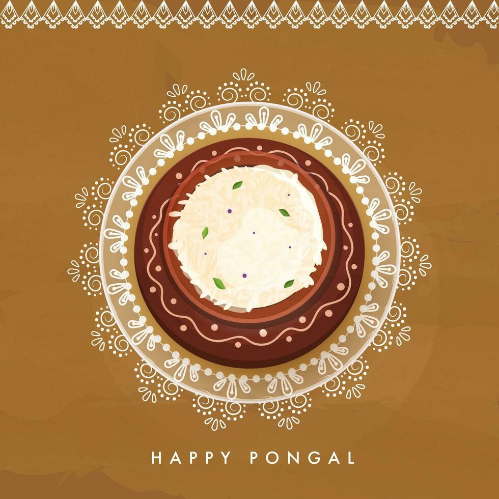 Happy Pongal Celebration Concept With Top View Of Traditional Dish In Clay Pot On Mandala Pattern Brown Background. vector