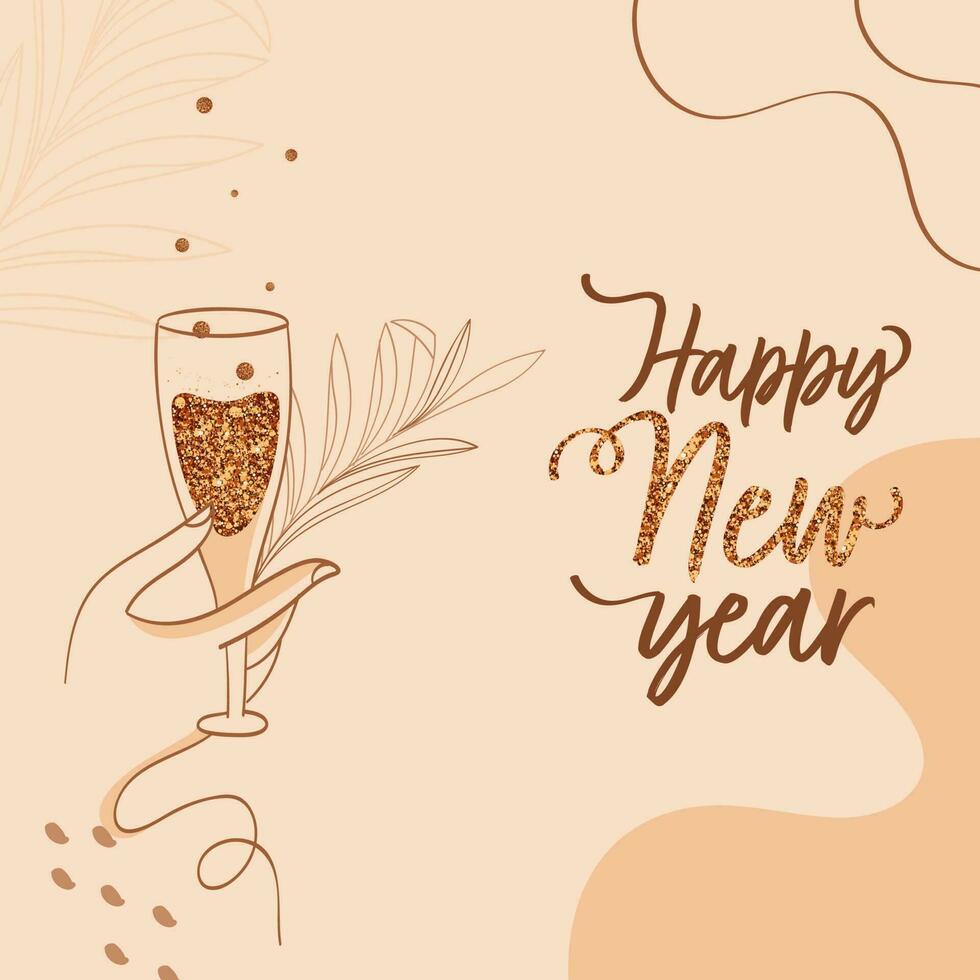 Happy New Year Calligraphy With Linear Style Female Hand Holding Champagne Glass, Leaves Stem On Peach Background. vector