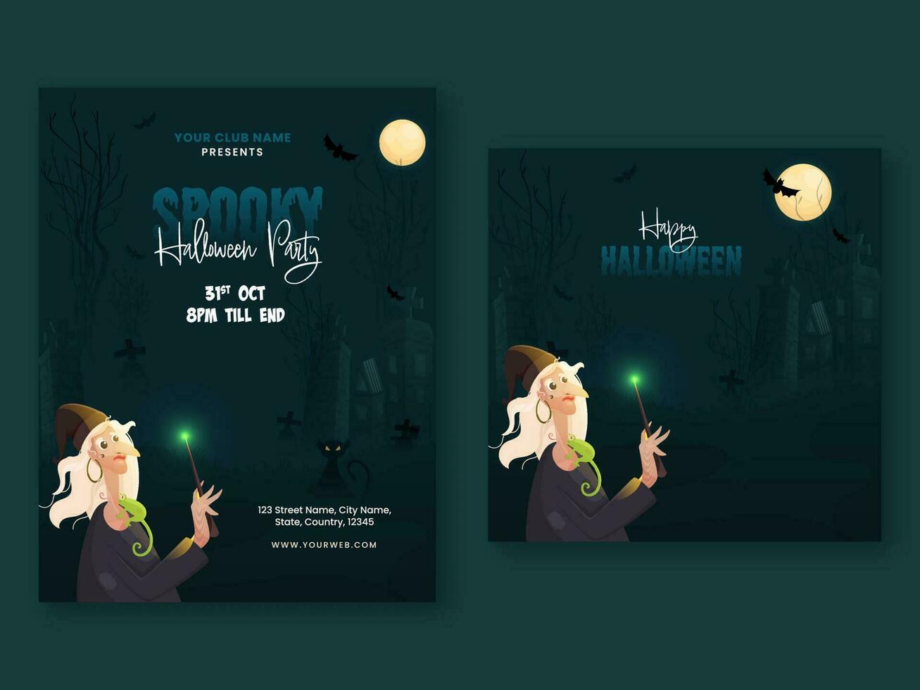 Víspera de Todos los Santos fiesta póster diseño con dibujos animados bruja haciendo magia en lleno Luna cementerio verde azulado antecedentes en dos opción. vector