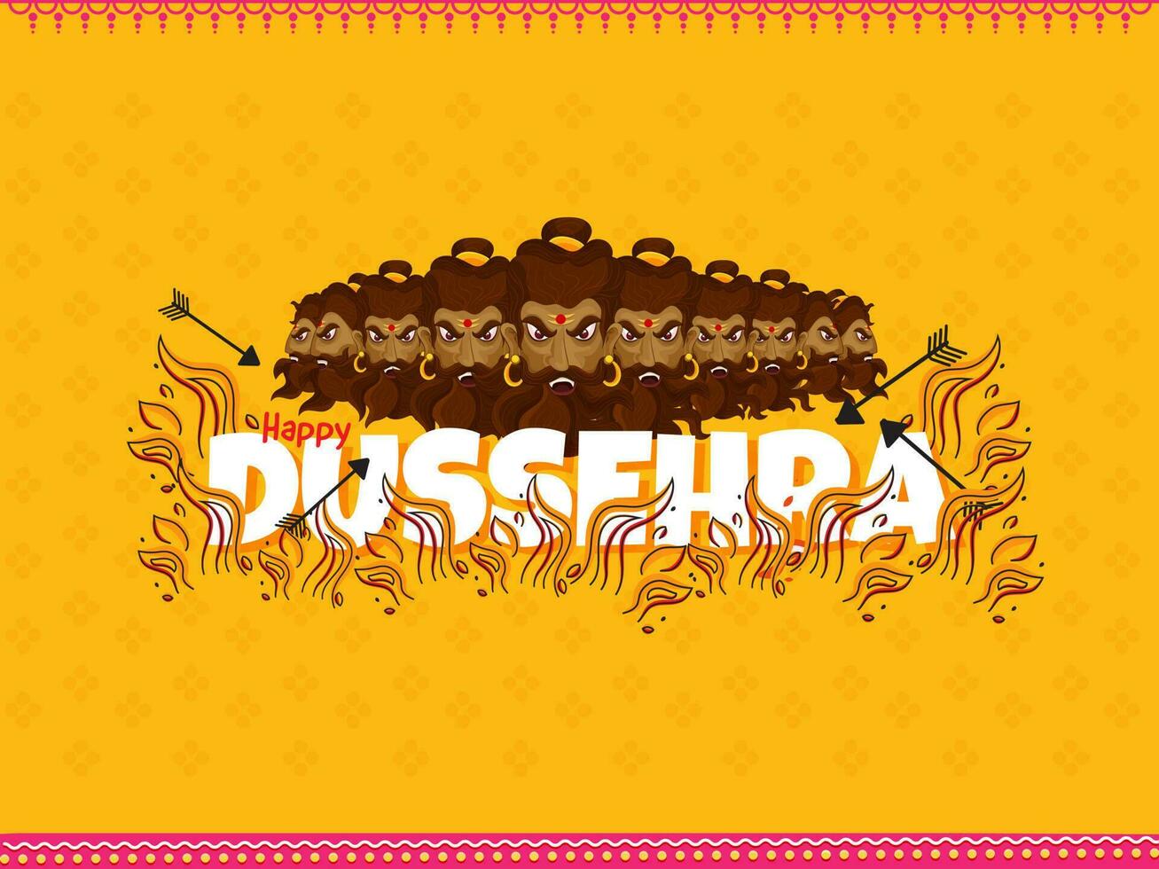 Happy Dussehra Text With Demon Ravana Face And Line Art Firing On Dark Yellow Background. vector