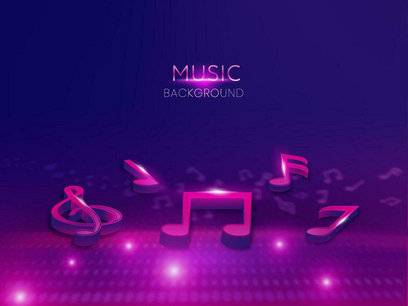 3D Music Notes With Lights Effect On Blue And Purple Background. vector