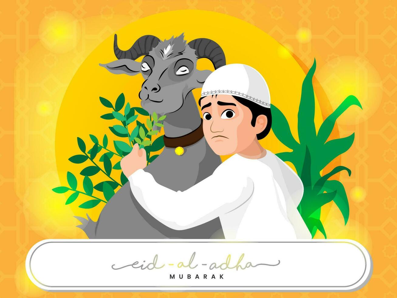 Young Muslim Boy Feeding Grass To Goat On Orange Background For Eid-Al-Adha Mubarak Concept. vector