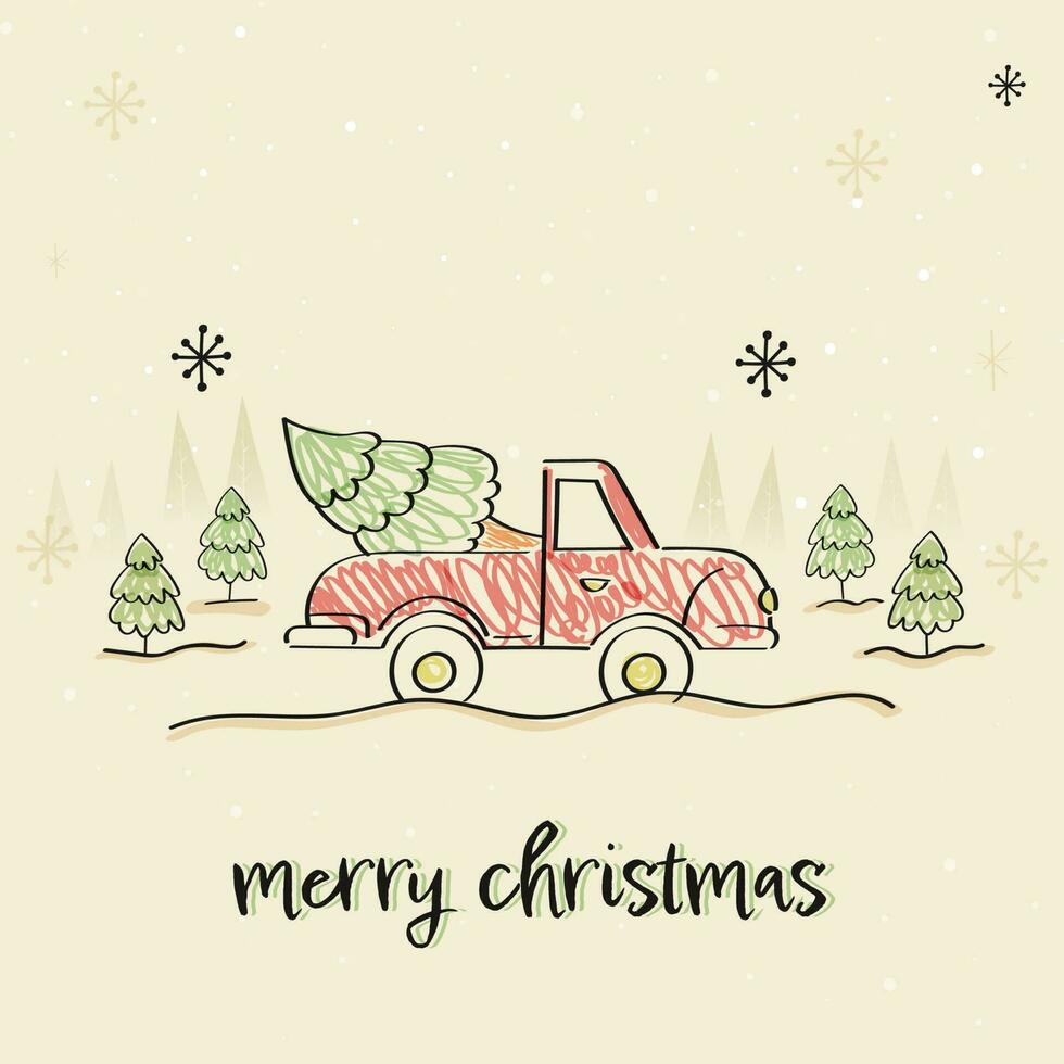 Merry Christmas Font With Doodle Style Truck Carrying Xmas Tree On Beige Snowfall Background. vector