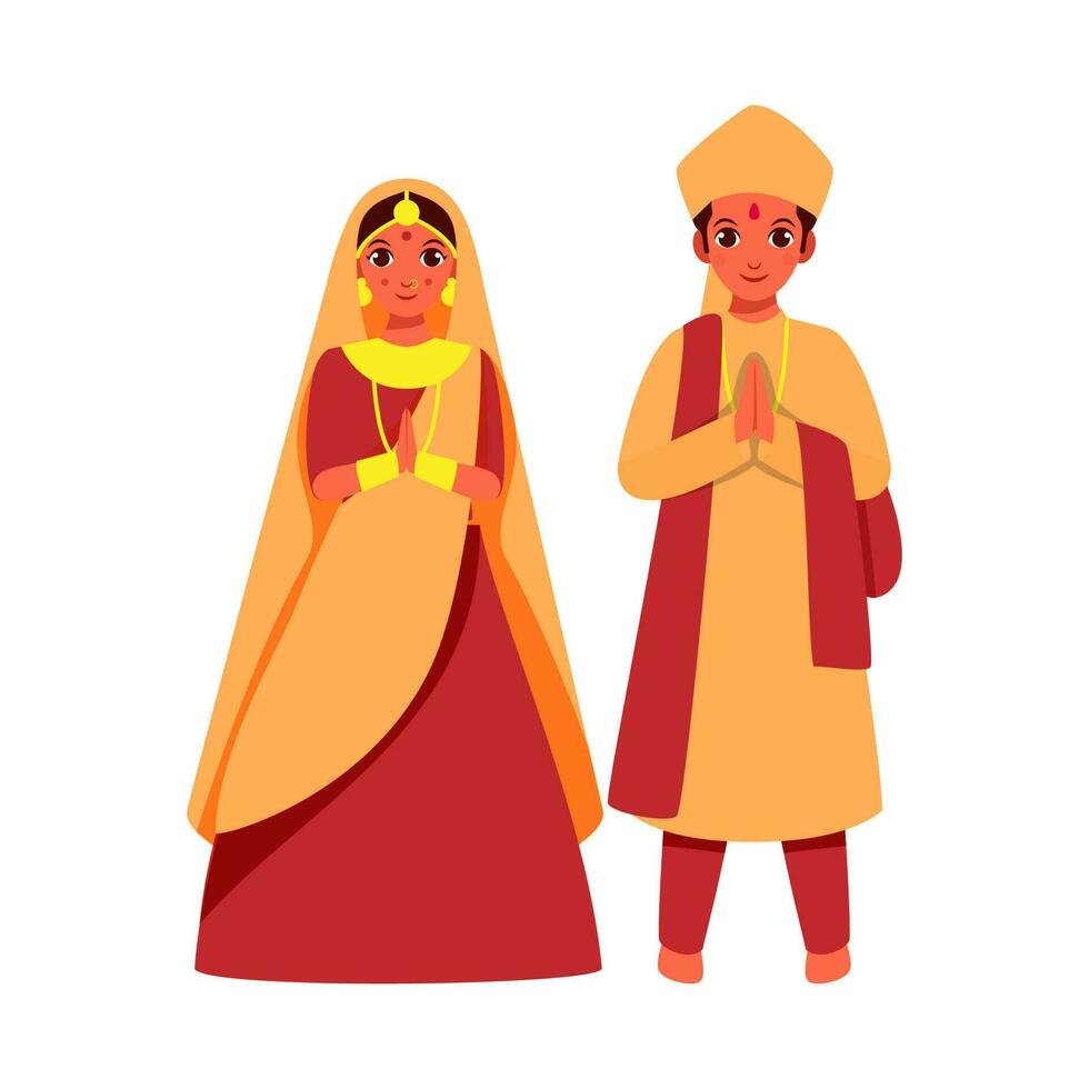 Vector Illustration Of Indian Wedding Couple Doing Namaste On White Background.