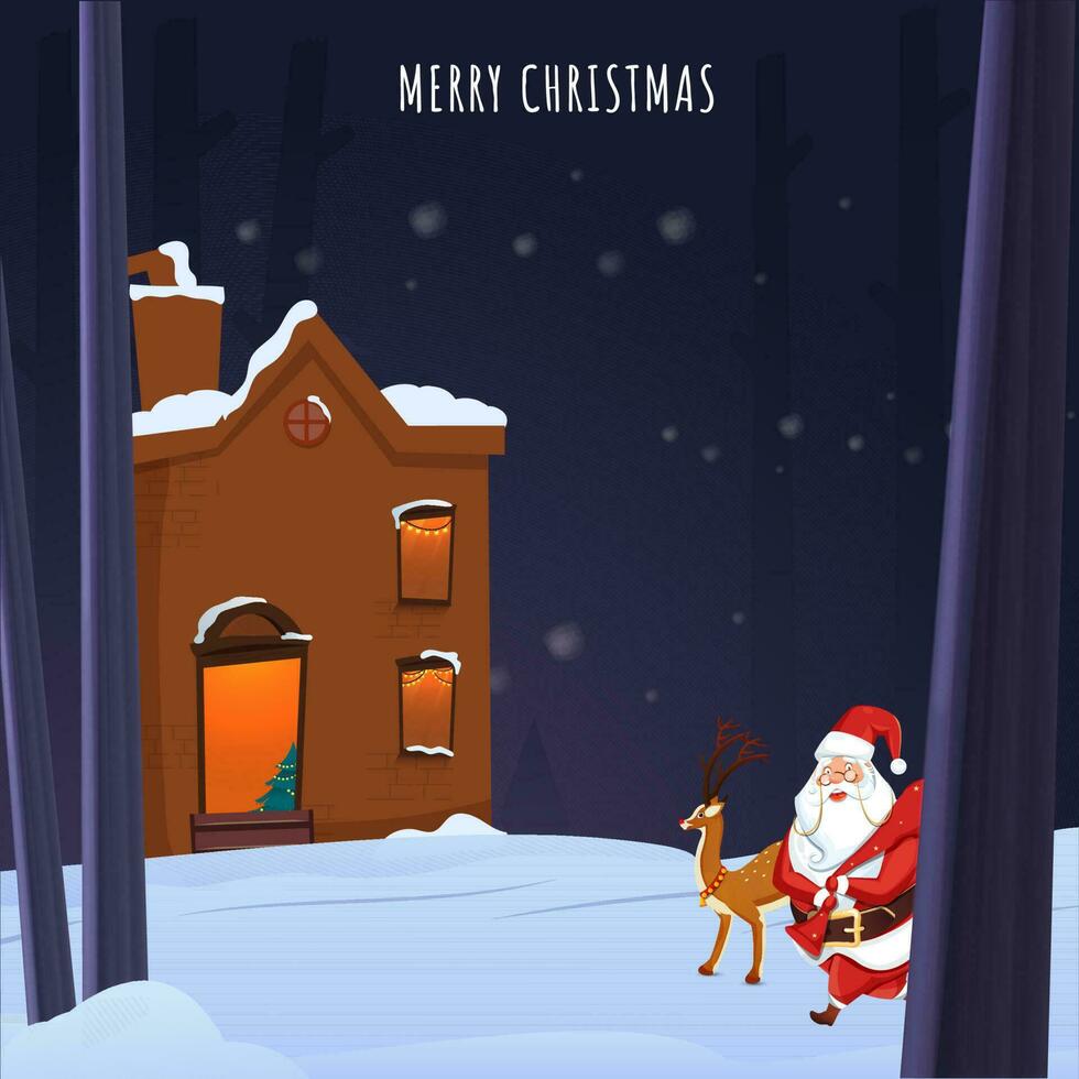 Merry Christmas Concept With Cute Santa Claus Lifting A Bag, Reindeer And House Illustration On Blue Snowy Background. vector