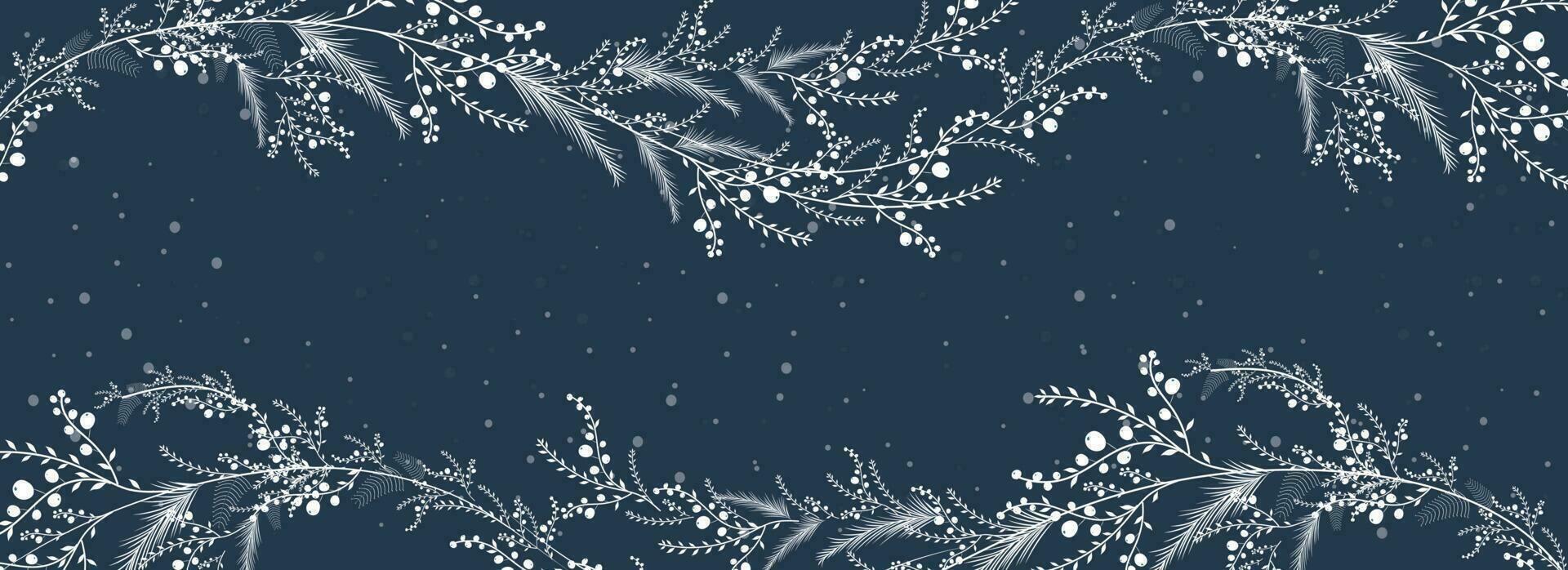 White Leaves And Berries Wavy Decorated Border On Blue Snowfall Background. vector