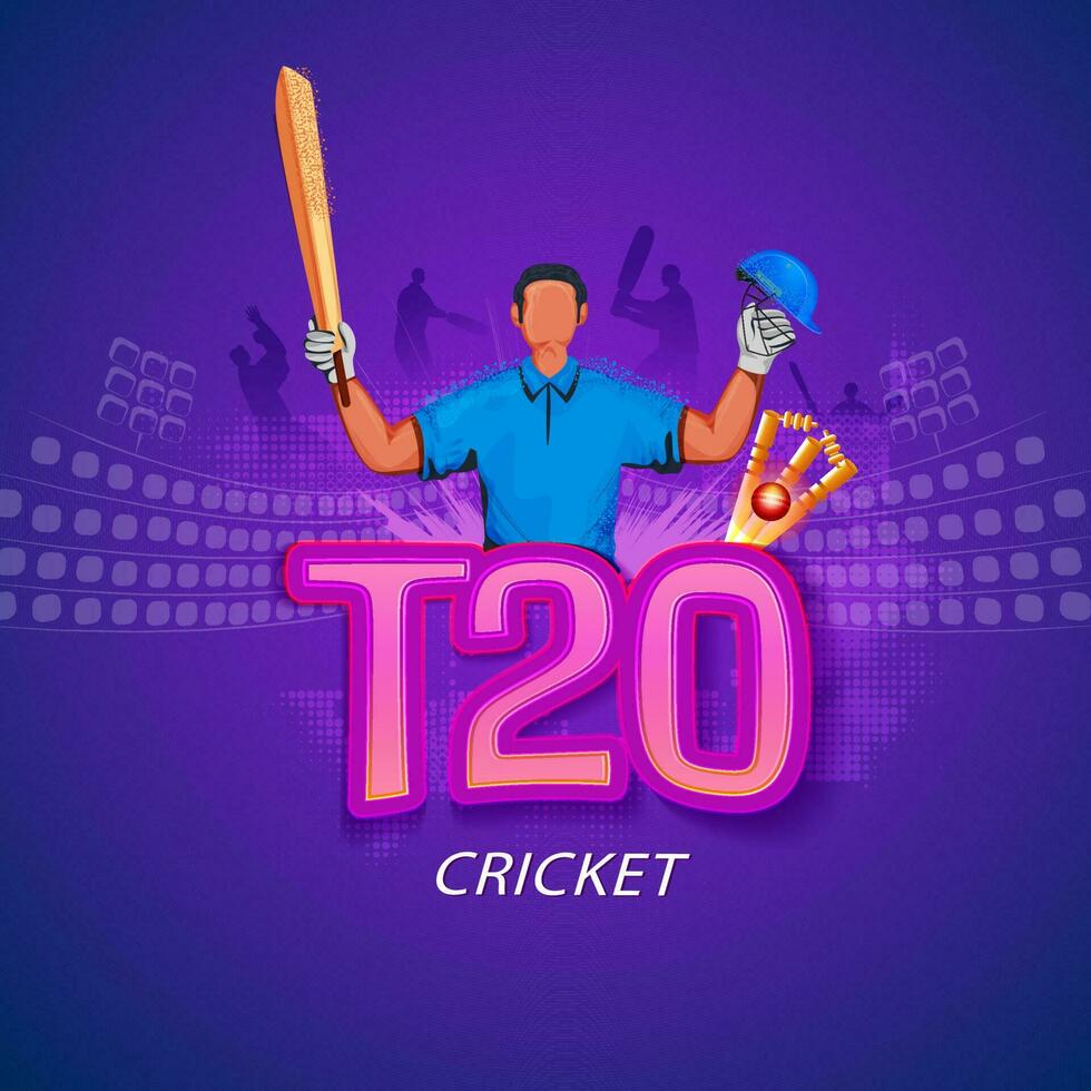 T20 Cricket Concept With Faceless Batsman Player In Winning Pose On Purple Stadium Background. vector