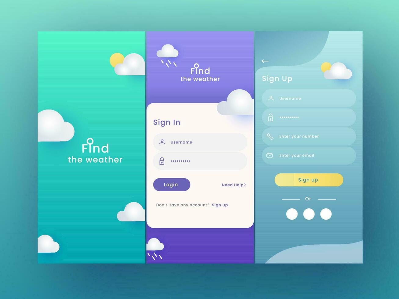 Set Of UI, UX, GUI Screens Weather App Including Like As Sign In, Sign Up For Mobile Application Or Responsive Website. vector