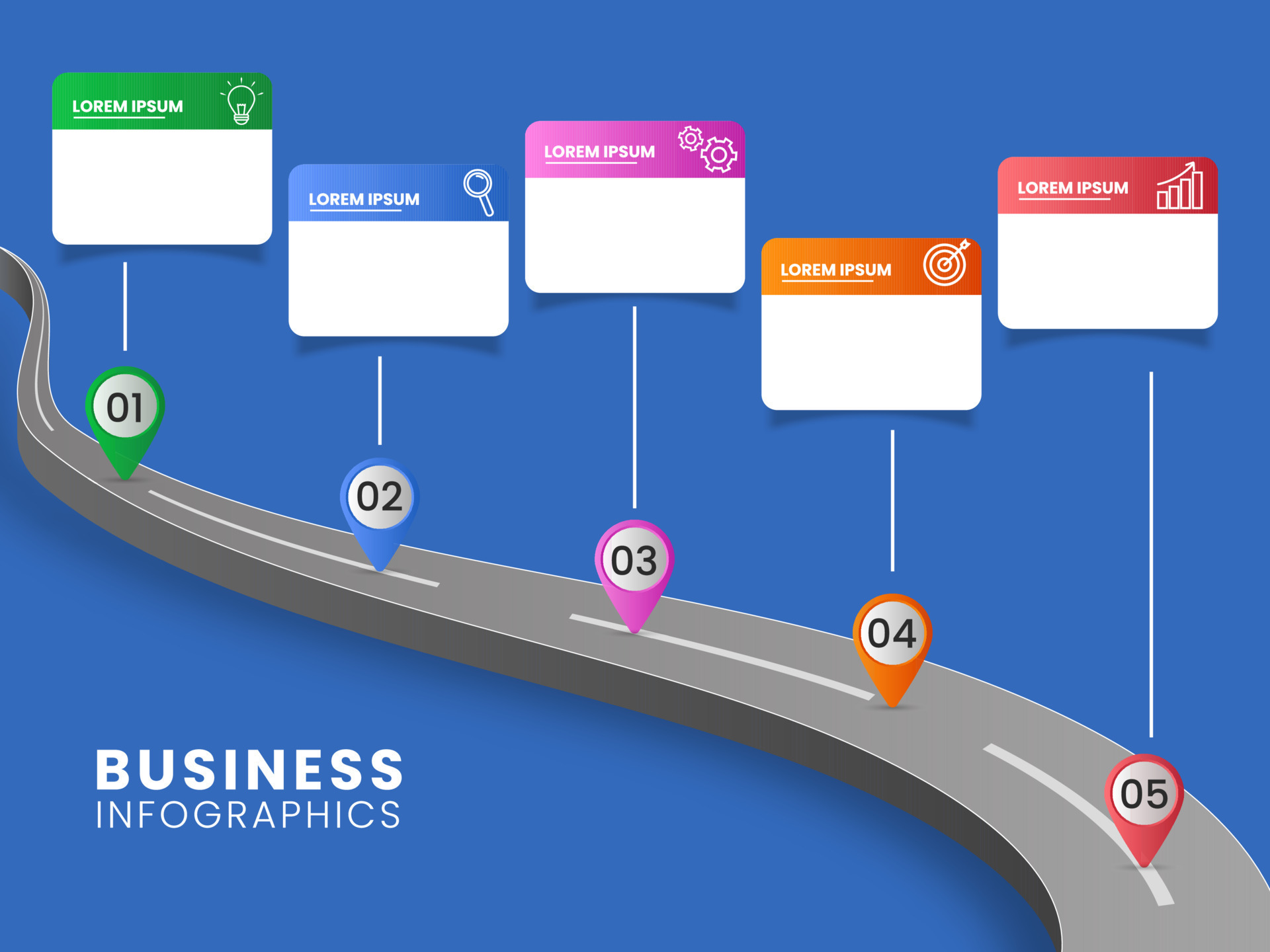 Road Map City Infographic Template With Colorful Pins On Blue
