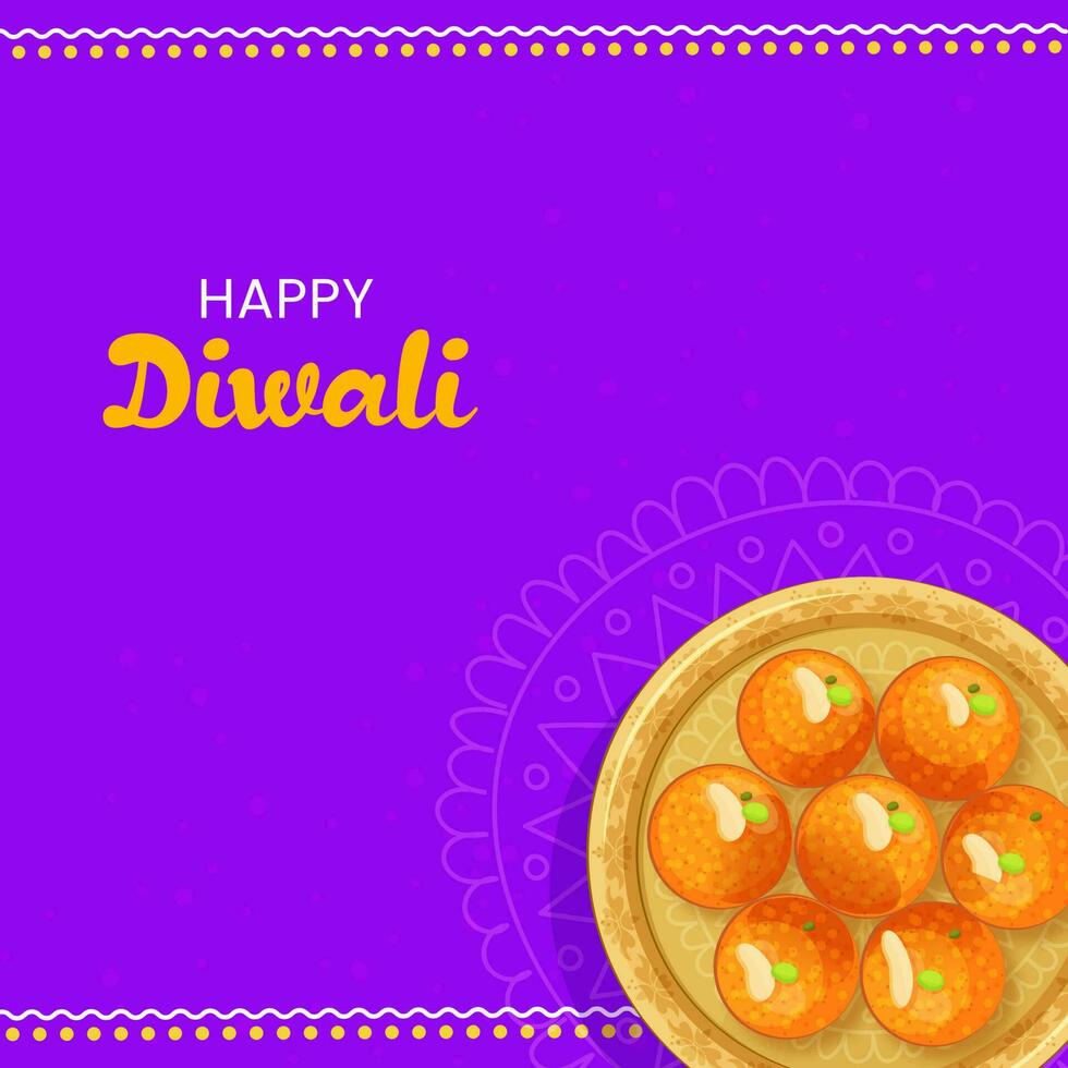 contento diwali celebracion concepto con parte superior ver dorado plato de indio dulce pelotas en púrpura antecedentes. vector