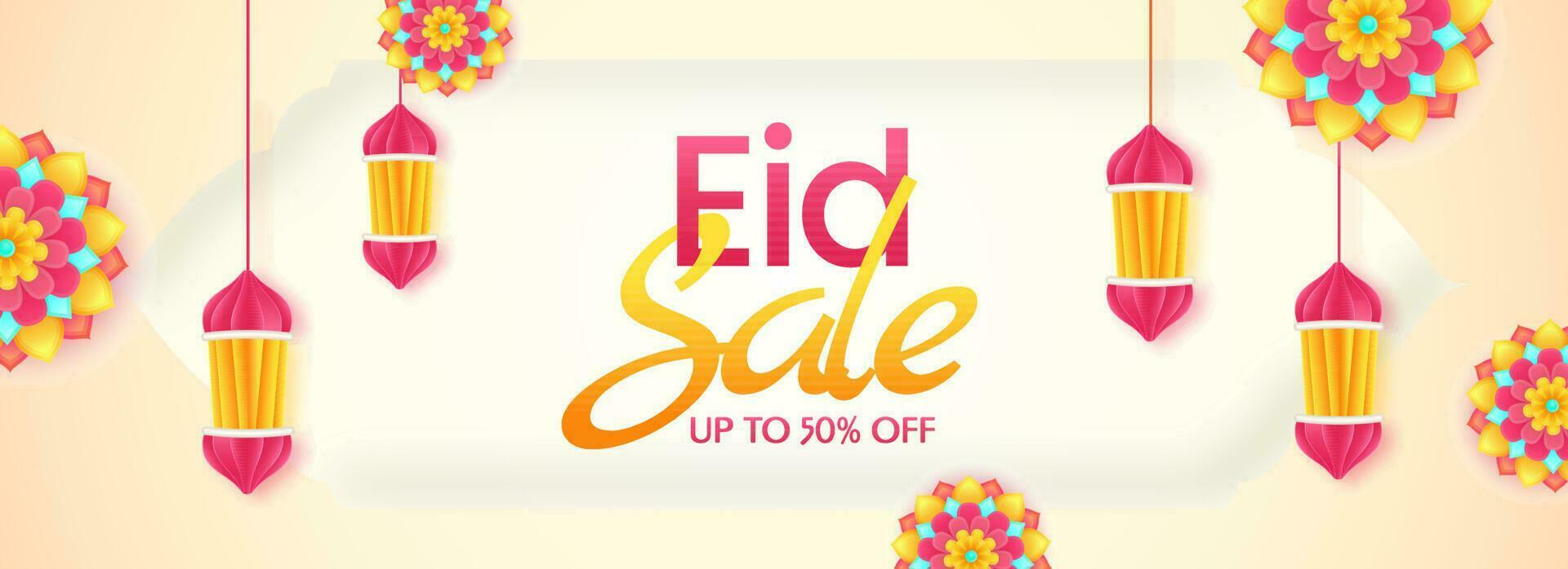 Eid Sale Banner Or Header Design Decorated With Colorful Floral And Paper Cut Lanterns Hang. vector