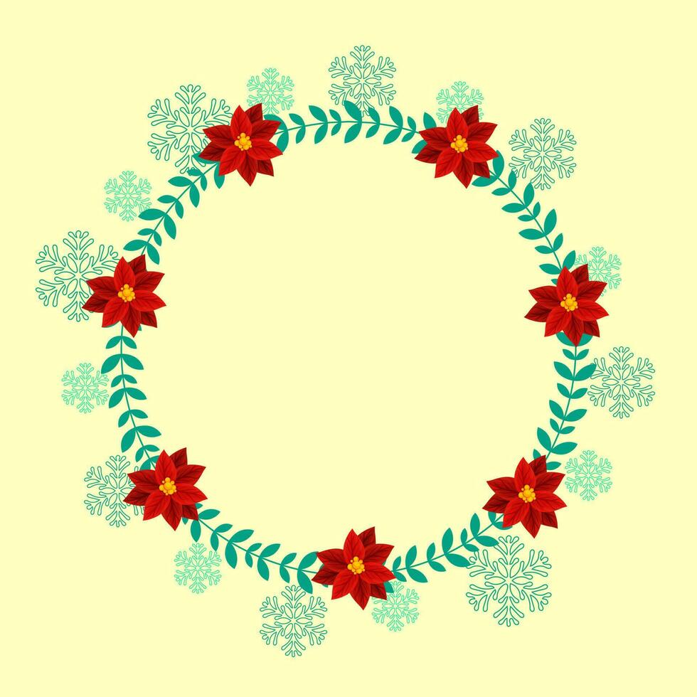 Empty Circle Frame Made By Leaves And Poinsettia Flowers On Yellow Background Decorated With Snowflakes. vector