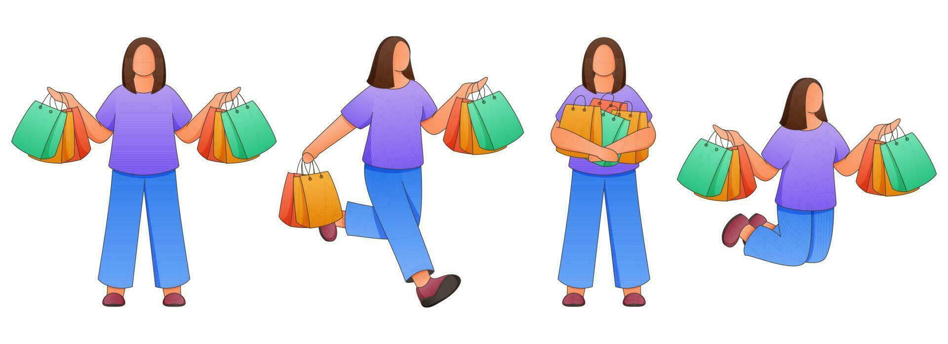 Set Of Faceless Young Woman Holding Shopping Bags In Different Activity. vector