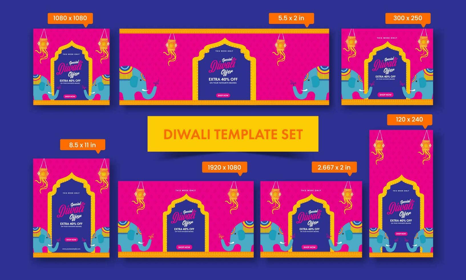 Diwali Sale Social Media Templates Collection With Cartoon Elephants In Pink And Blue Color. vector