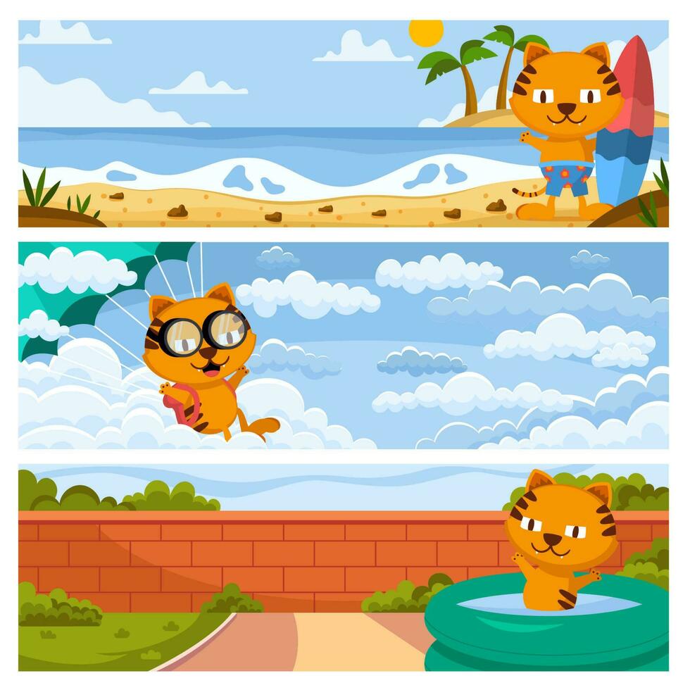 Orange Cat in Various Activities Set of Banners vector