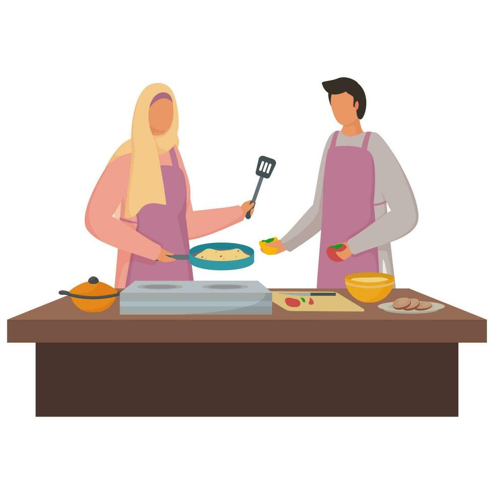 Cartoon Muslim Couple Cooking Together In Kitchen view. vector