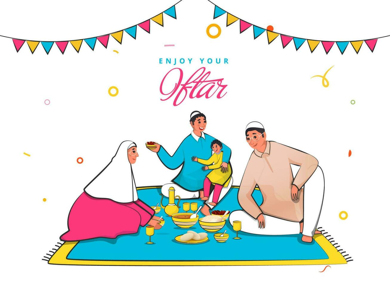Islamic Family Enjoying Iftar Party With Delicious Meals At Mat On White Background. vector