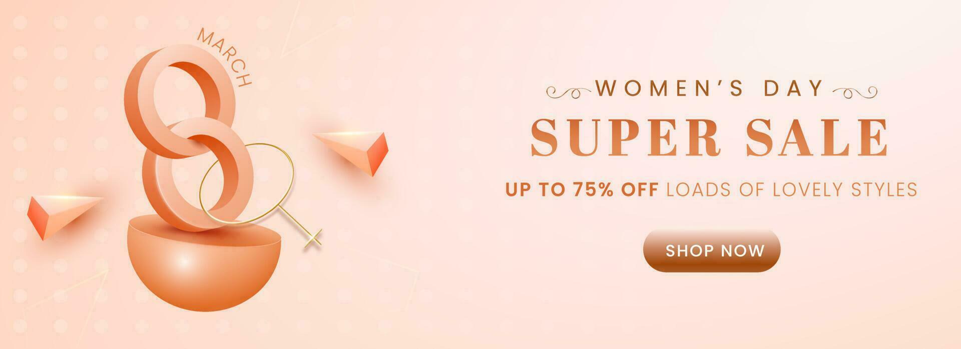 For Women's Day Super Sale Banner Or Header Design With 3D 8 Number Of March, Golden Female Gender Symbol. vector