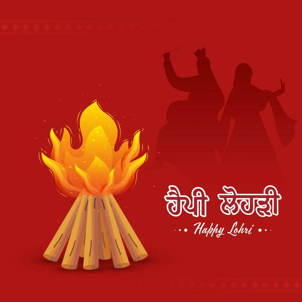 Happy Lohri Font Written In Punjabi Language With Bonfire, Silhouette Couple Doing Bhangra On Red Background. vector