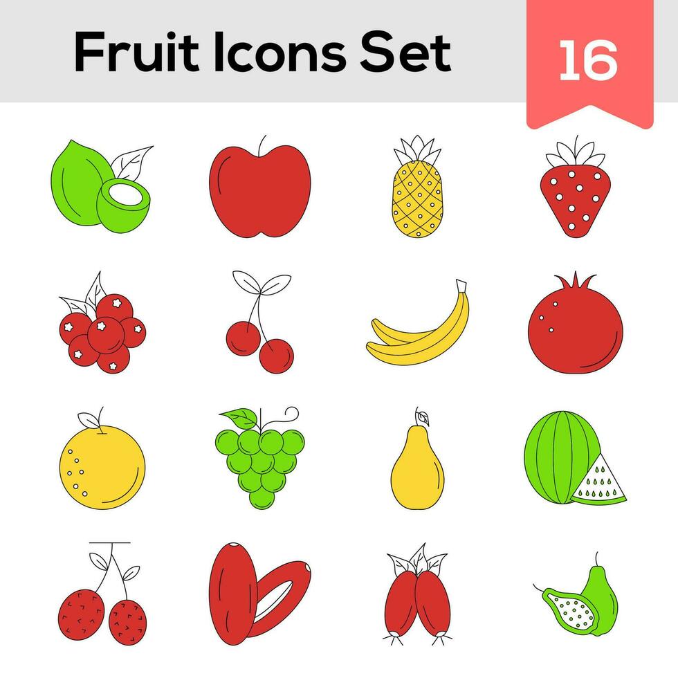 Flat Style Fruits Icon Set On White Background. vector