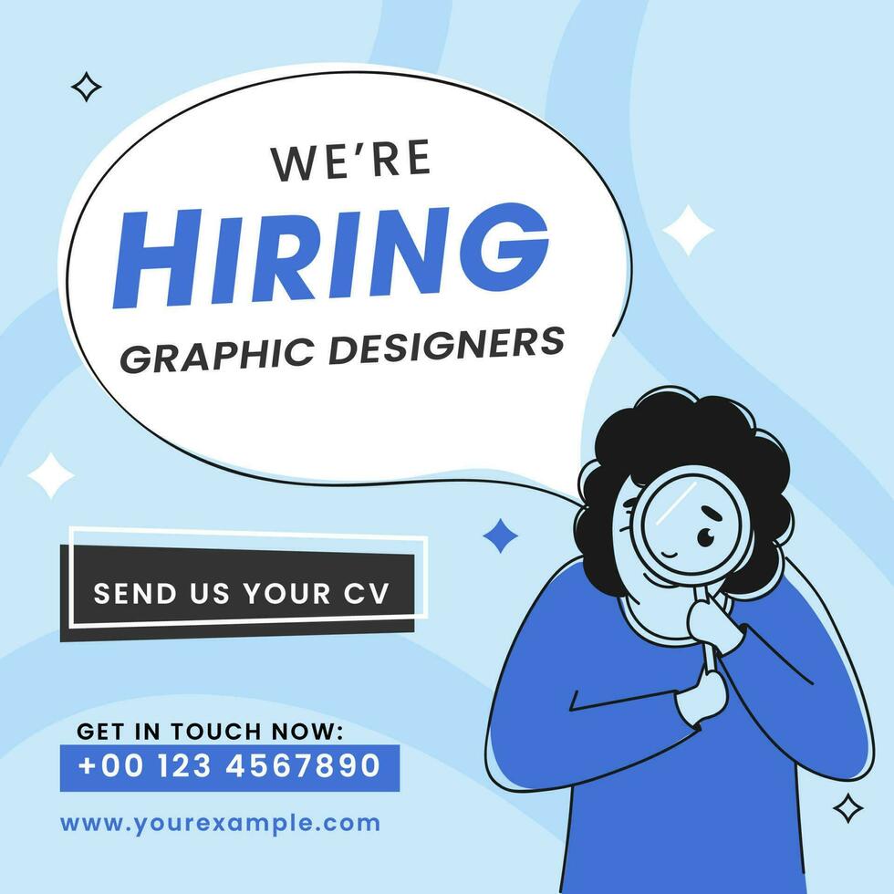 Vector Illustration Of Employee Female Saying We Are Hiring Graphic Designers On Blue Background.