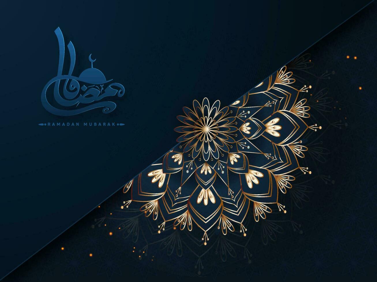 Arabic Calligraphy Of Ramadan Mubarak With Golden Floral Or Mandala On Blue Light Effect Background. vector