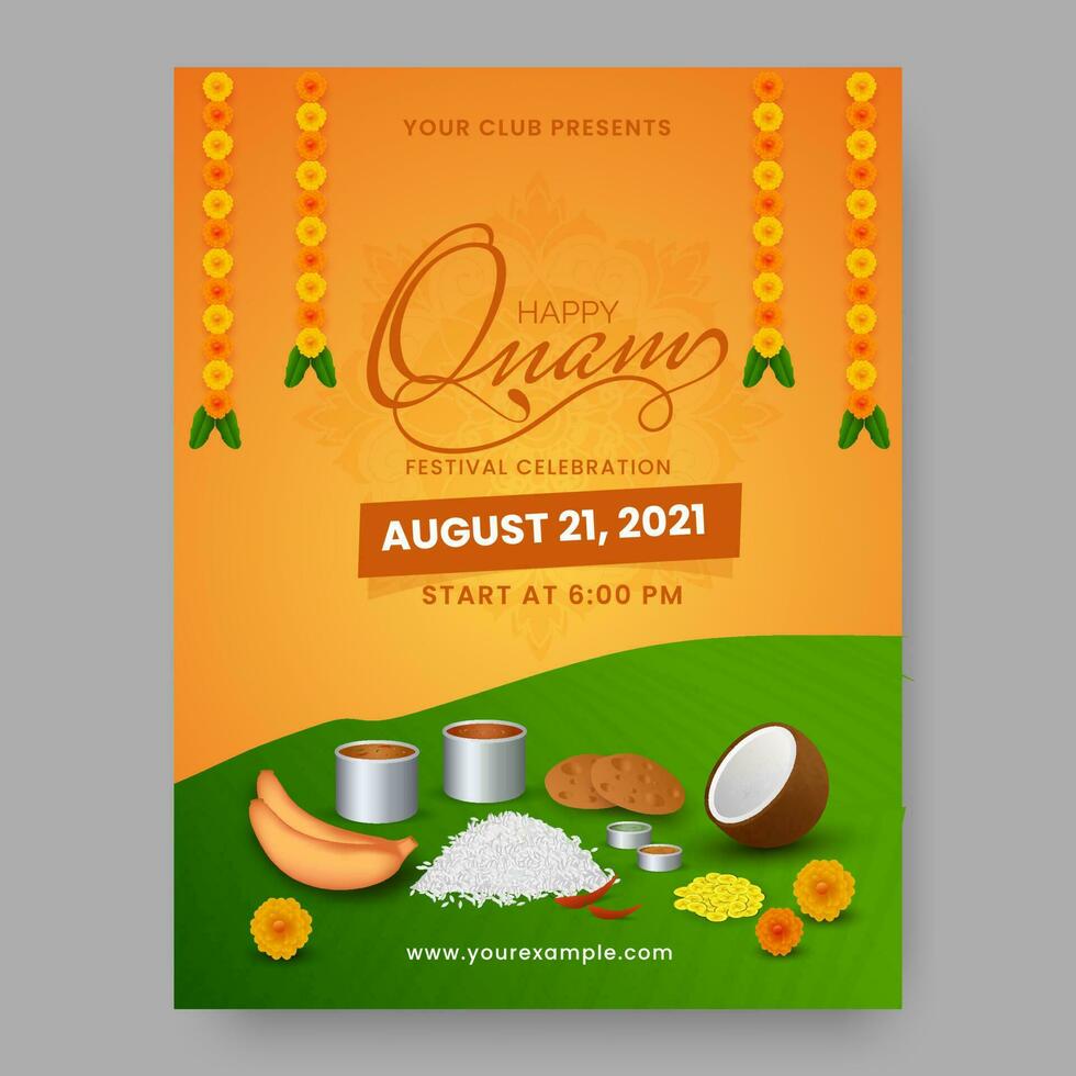 contento onam festival volantes diseño con delicioso sadhya comida en naranja y verde antecedentes. vector