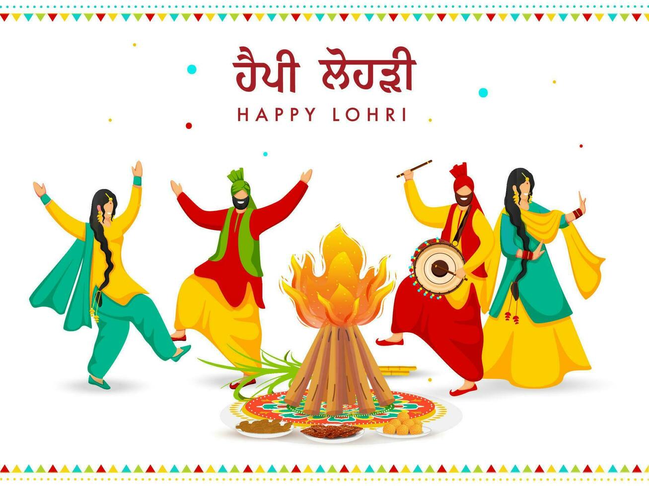 contento lohri celebracion antecedentes con hoguera, punjabi parejas haciendo bhangra danza y dhol instrumento. vector