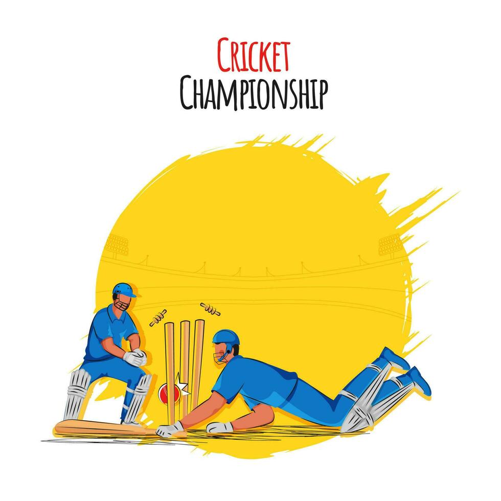 Cricket Championship Concept, Illustration Of Batsman Run Out Near Wicket Keeper Standing On Yellow And White Background. vector