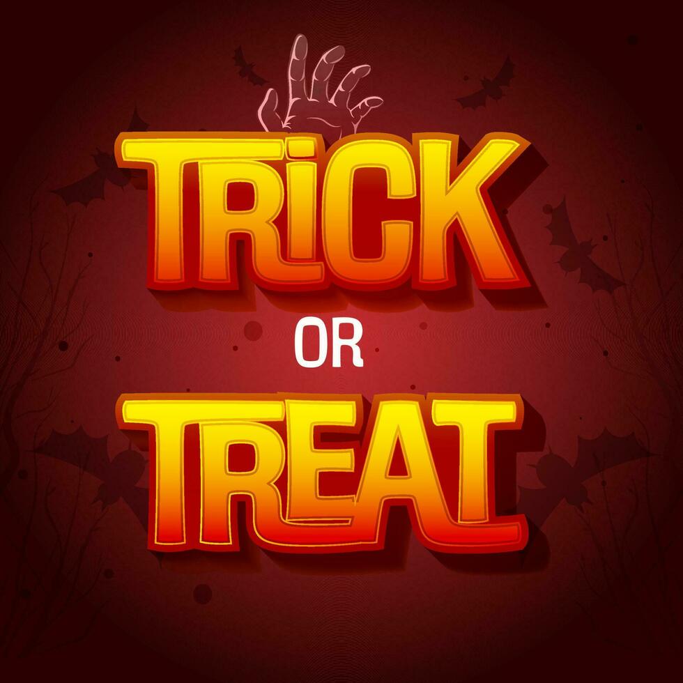 Sticker Style Trick Or Treat Font With Zombie Hand And Silhouette Bats Flying On Red Background. vector