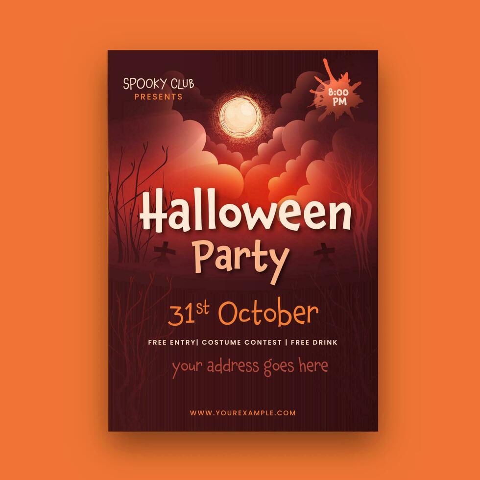 Halloween Party Flyer Design With Event Details On Full Moon Dark Red Background. vector