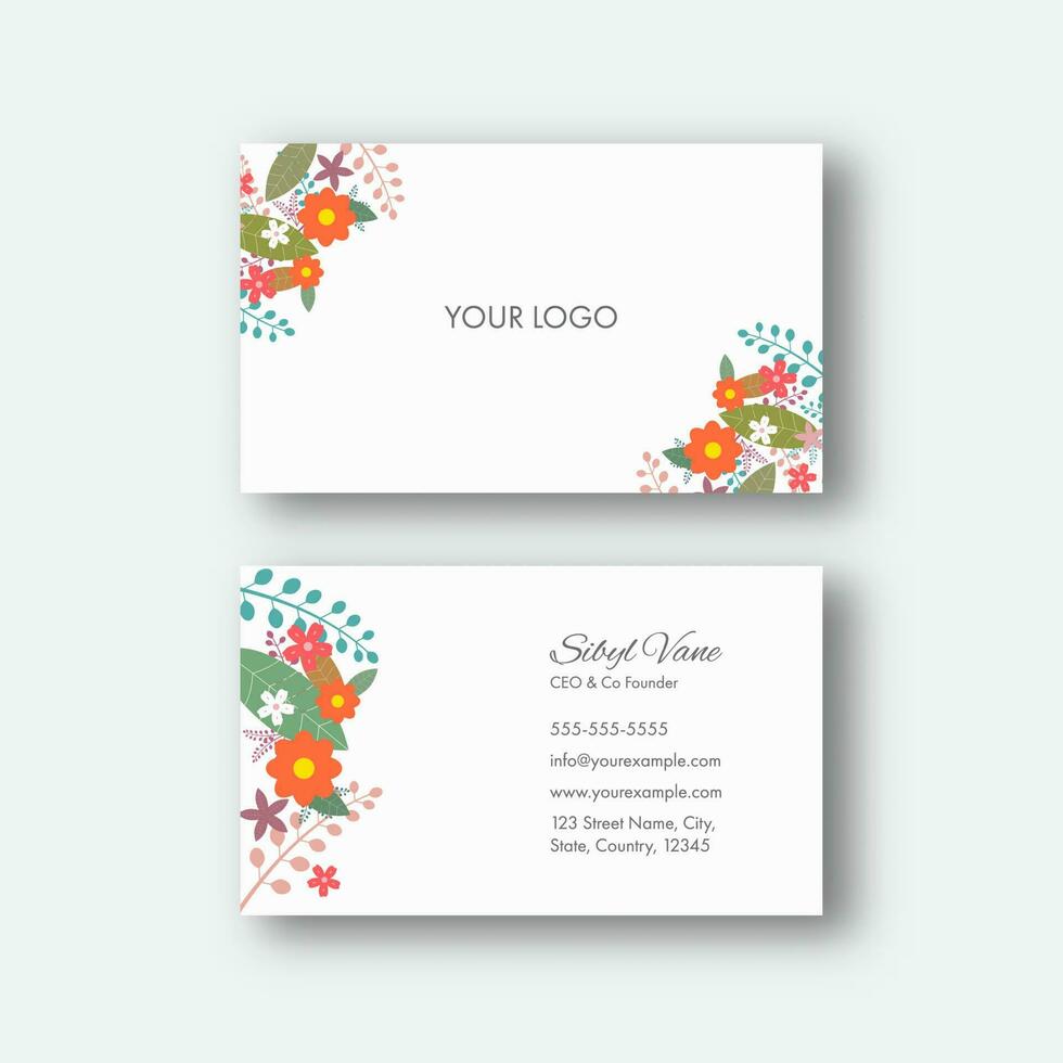 Front And Back View Of Business Or Visiting Card With Floral In White Color. vector