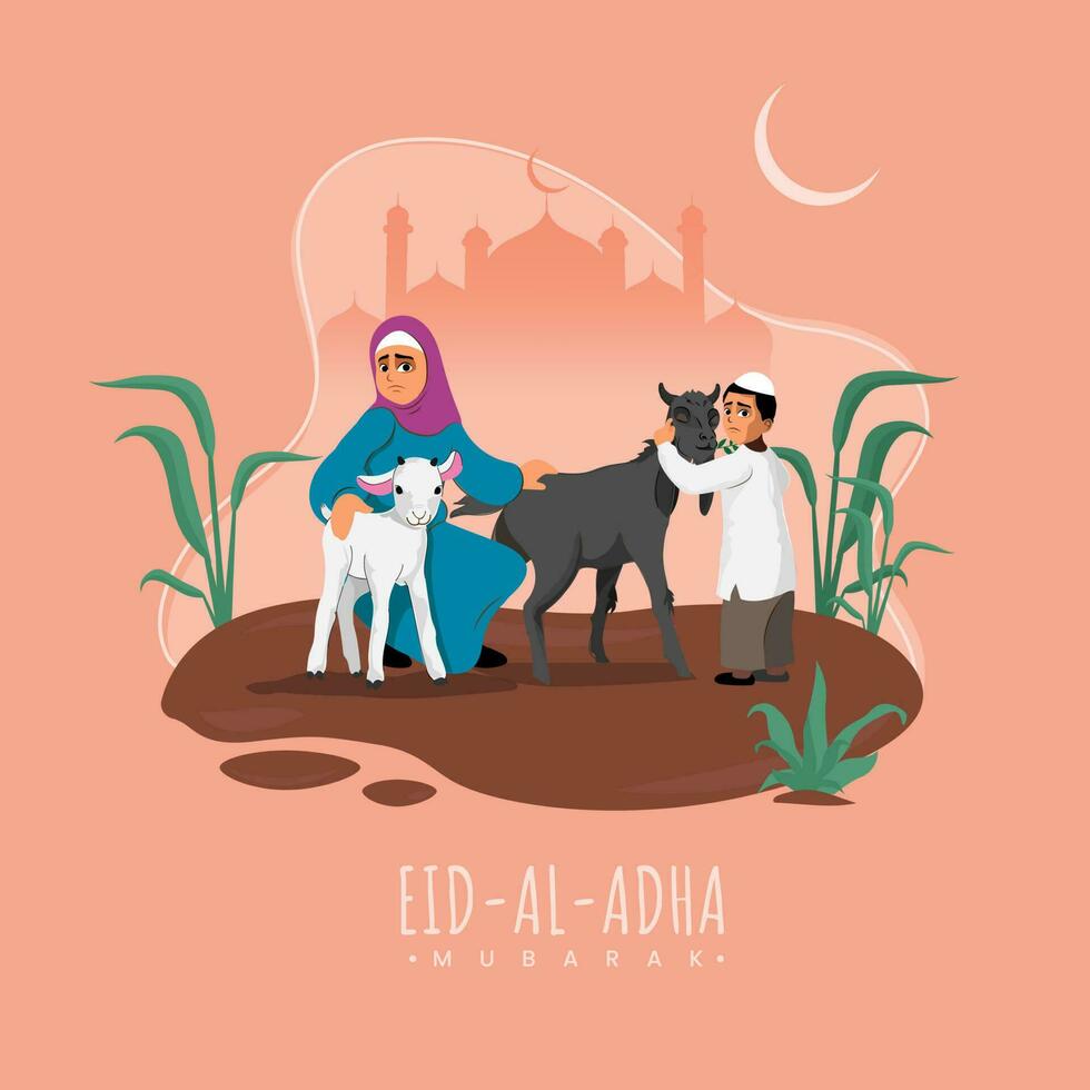 Illustration Of Mother With Son Caressing Goats Before Sacrifice Festival On Peach Silhouette Mosque Background For Eid-Al-Adha Mubarak Concept. vector
