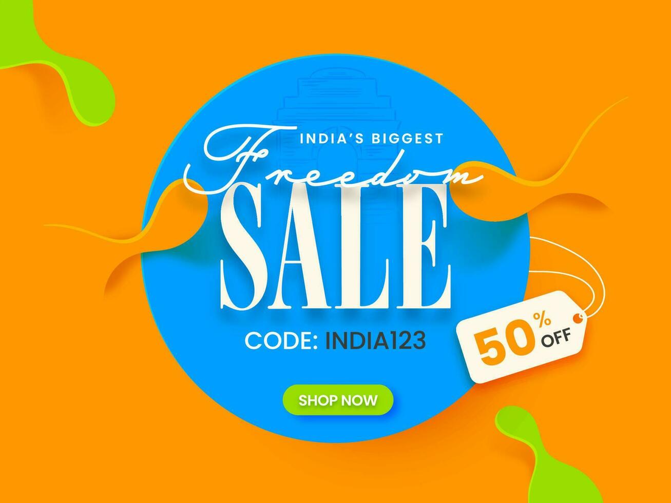 India's Biggest Freedom Sale Poster Design With Discount Offer On Orange And Blue Abstract Background. vector