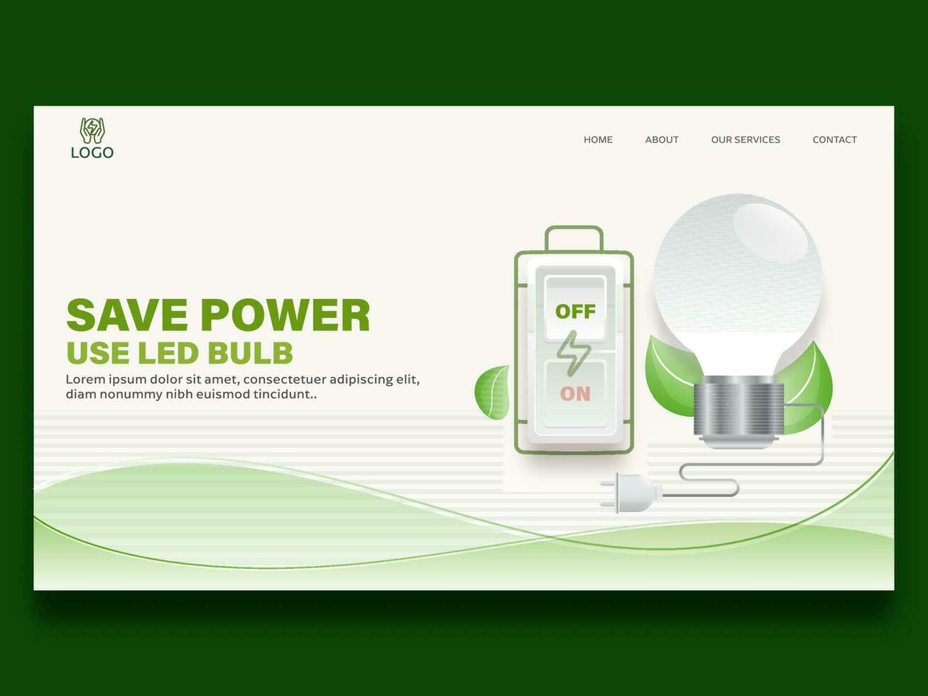 salvar poder utilizar LED bulbo aterrizaje página o web modelo diseño en blanco y verde color. vector
