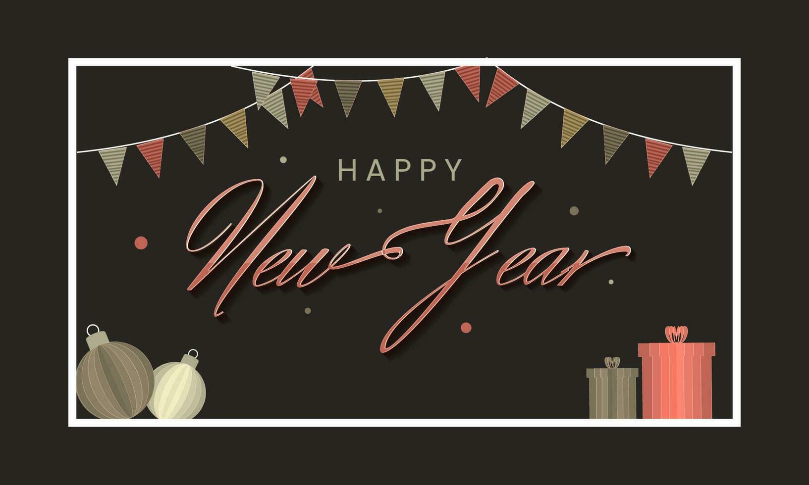 Happy New Year Font With Paper Cut Baubles, Gift Boxes And Party Flags Decorated On Black Background. vector