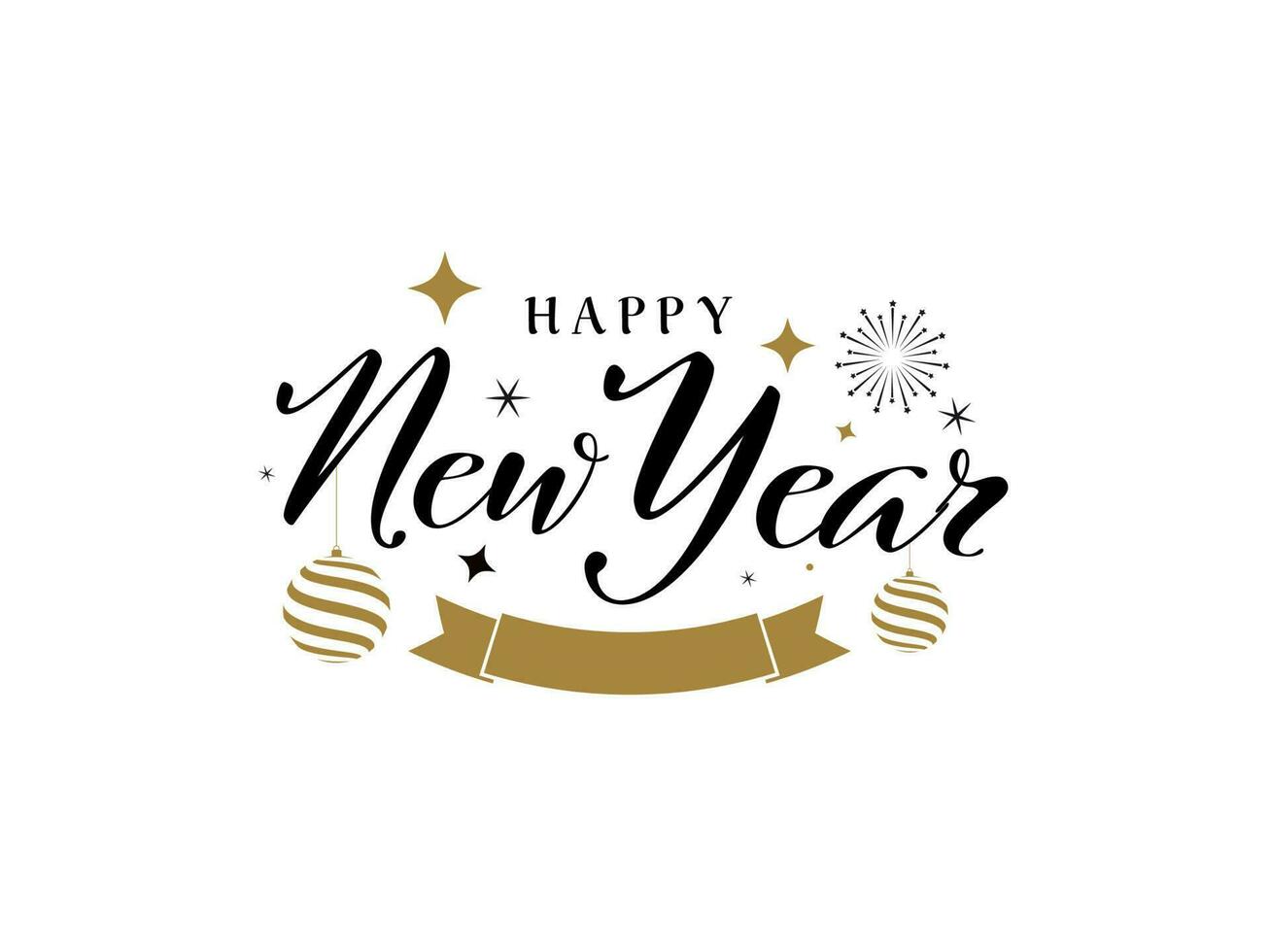 Black Happy New Year Font With Empty Brown Ribbon, Stripe Baubles Hang, Stars, Fireworks On White Background. vector