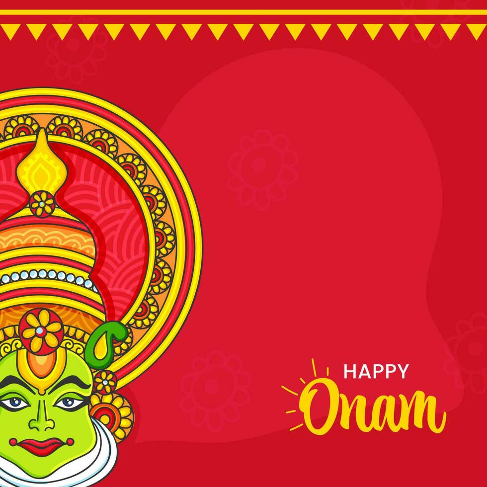 contento onam festival concepto con Kathakali bailarín cara en rojo antecedentes. vector