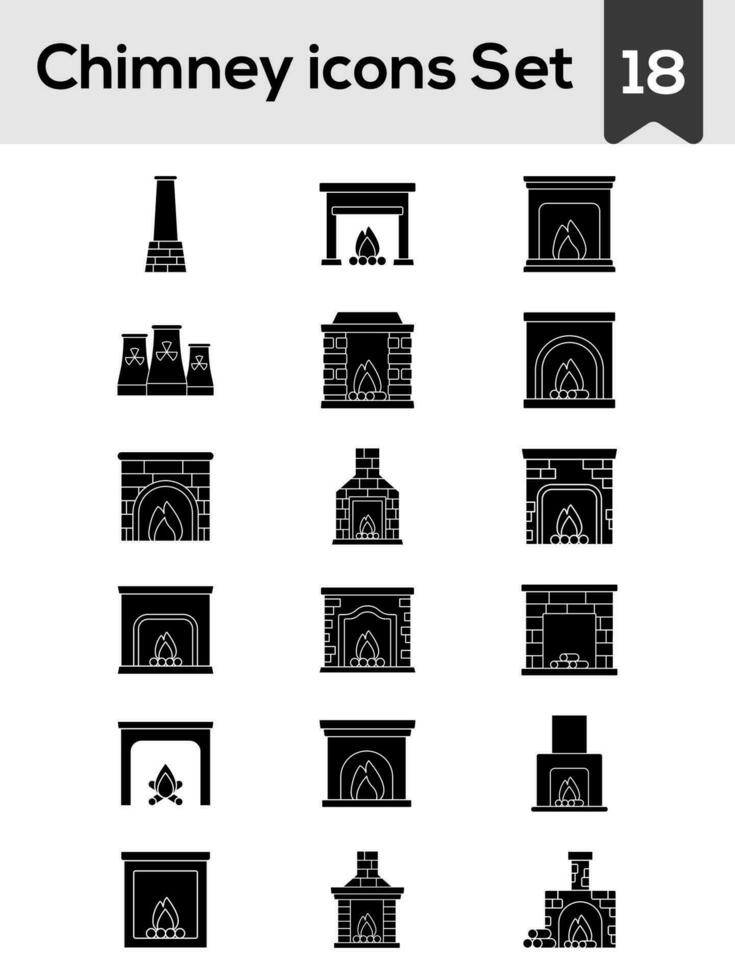 Glyph Style Chimney And Fireplace Icon Set On White Background. vector