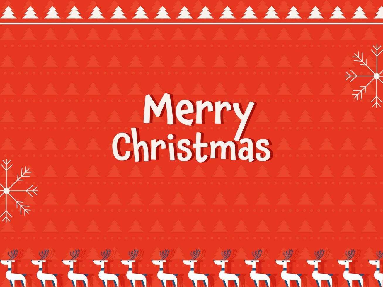 blanco alegre Navidad texto con copos de nieve y reno en rojo Navidad árbol modelo antecedentes. vector