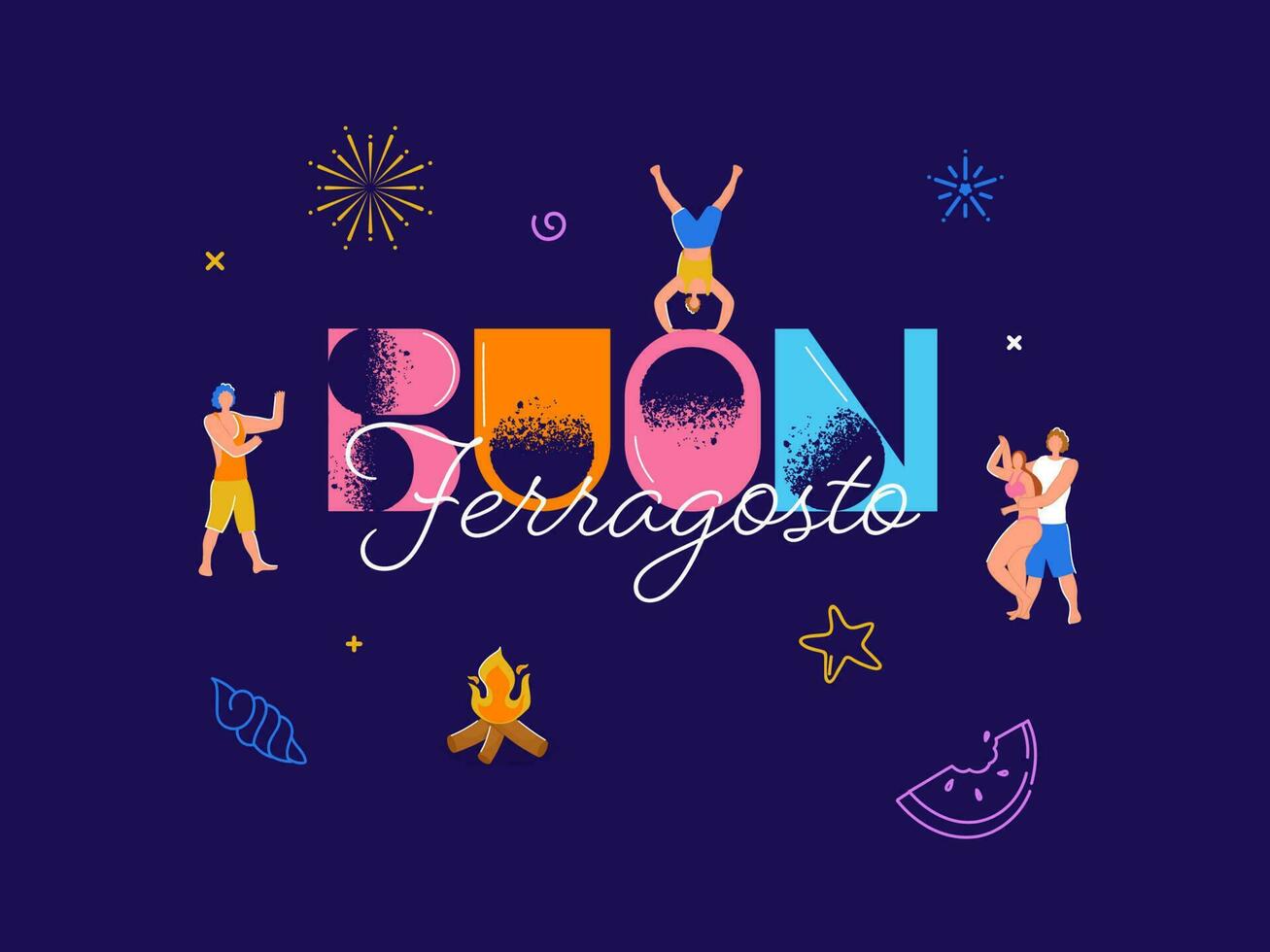 buon ferragosto fuente con personas bailando y hoguera en púrpura antecedentes. vector